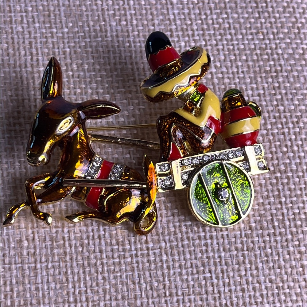 D'Orlan Mexican Donkey Cart Vintage Figural Costume Brooch